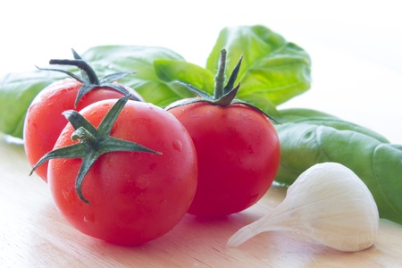 Close up view of bruschetta and ingredientsの写真素材