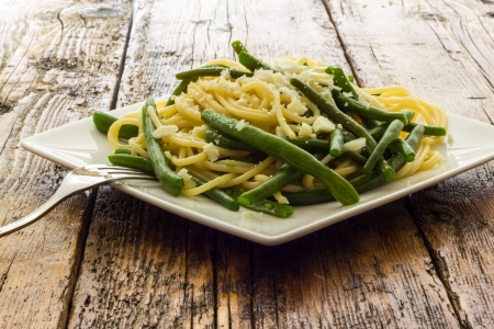 Spaghetti with garlic oil and green beans from Italyの写真素材