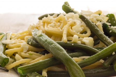 Spaghetti with garlic oil and green beans from Italyの写真素材