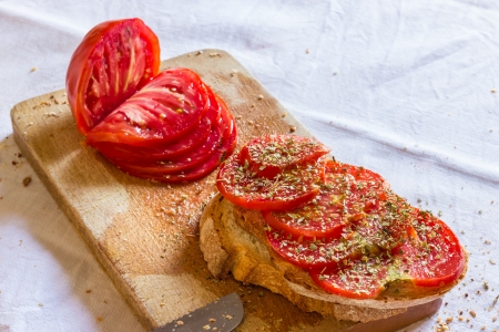 Bread with tomato and basilの写真素材