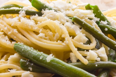 Spaghetti with garlic oil and green beans from Italyの写真素材