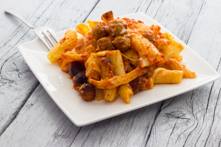 Baked pasta with meatballsの写真素材