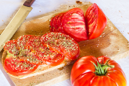 Bread with tomato and basilの写真素材