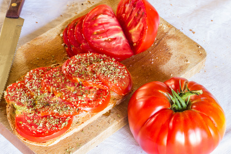 Bread with tomato and basilの写真素材