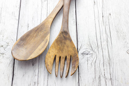 fork and wooden spoonの写真素材