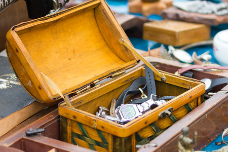 Box of Clocks in a vintage flea marketの写真素材