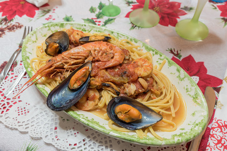 Spaghetti with seafood and shrimpの写真素材