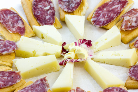 Appetizer with cheese and Italian salamiの写真素材