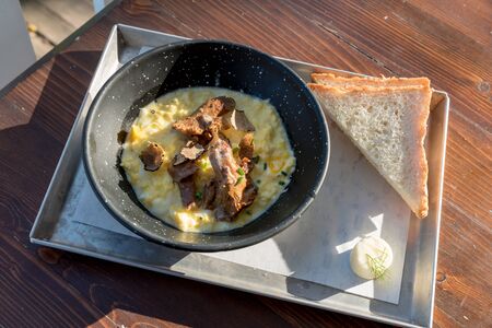 Scrambled eggs with mushroomsの写真素材