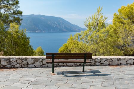 Sea front bench of Greeceの写真素材