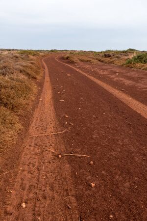 Red earth road with tire tracksの写真素材