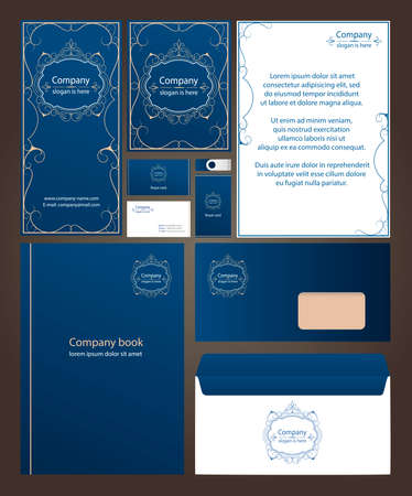 Blue corporate identity template design with round orange vintage style element.のイラスト素材