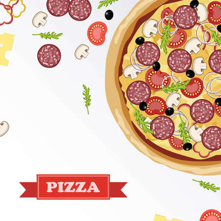 Pizza ingredients parts on chalkboard. Pizza with signed ingredients. Set food Pizzaのイラスト素材