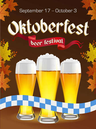 Oktoberfest vintage poster with beer and autumn leaves on dark background. Octoberfest banner. Gothic label.のイラスト素材