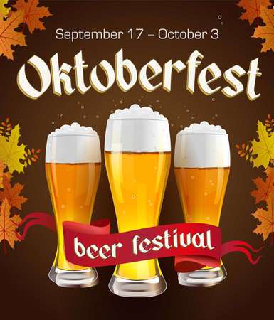 Oktoberfest vintage poster with beer and autumn leaves on dark background. Octoberfest banner. Gothic label.のイラスト素材