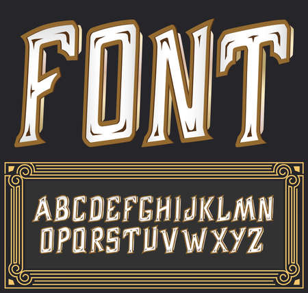 Vector label font with art deco ornament. Tower font on dark background.のイラスト素材