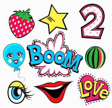 A set of quirky cartoon patch badges or fashion pin badges. Strawberry, two, boom, love, heart, eye,...