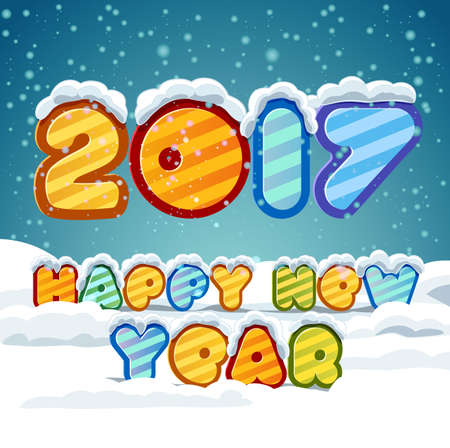Happy New Year 2017 hand-lettering text on snowy background. Handmade calligraphy collection.のイラスト素材