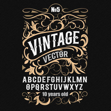 Vintage label font. Alcogol label style with vintage ornament.のイラスト素材