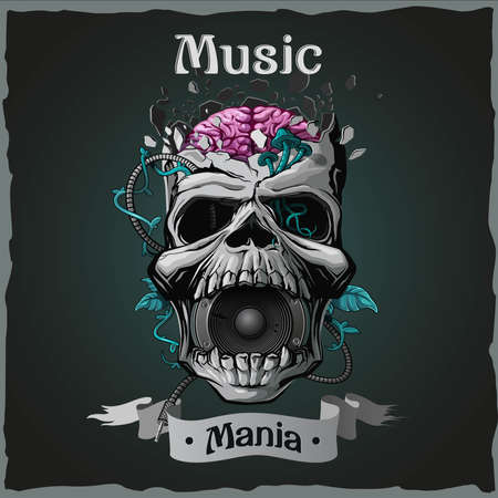 Skull. Music mania. Vintage dark t-shirt designのイラスト素材