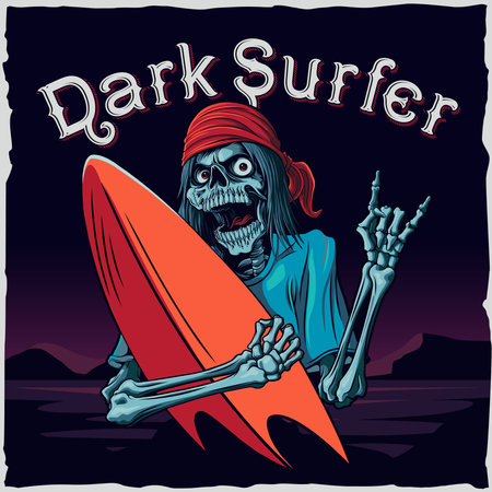 Dark surfer. Vintage vector skeleton poster vector vectorのイラスト素材