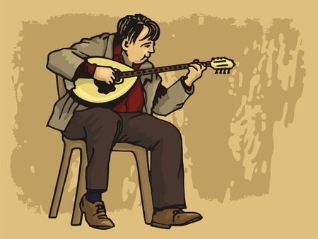 Middle aged man playing bouzouki on grunge backgroundのイラスト素材