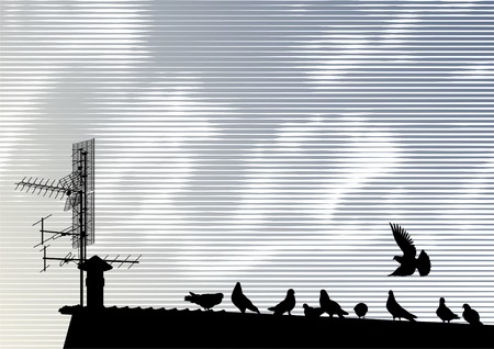 Pigeons and antenna silhouettes on a roof under a woodcut skyのイラスト素材