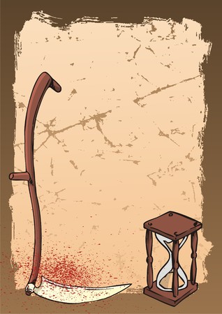 Death tools, scythe and hourglass on blood stained old paper のイラスト素材