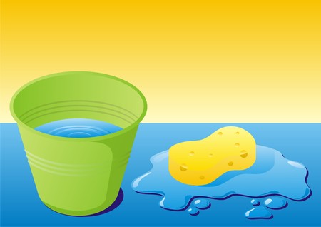 Green bucket with water and sponge with water splashのイラスト素材