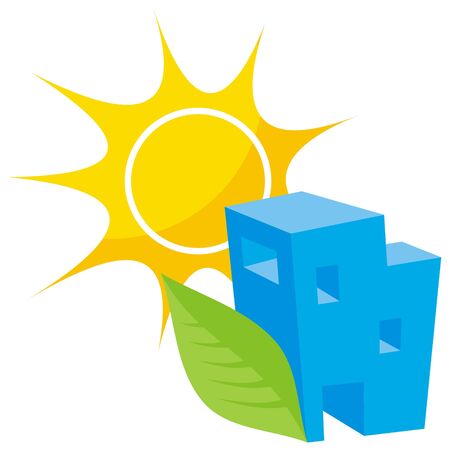 Greener home icon with blue building leaf and sunのイラスト素材