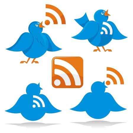 Blue twitter bird cartoon with RSS feed iconsのイラスト素材