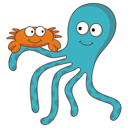 Cartoon illustration of sea creatures. Crub playing with octopusのイラスト素材
