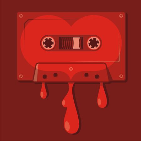 Audio cassette with a heart shape on it on red backgroundのイラスト素材