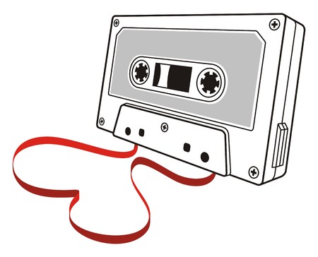 Line art of audio cassette with loose tape shaping a heartのイラスト素材