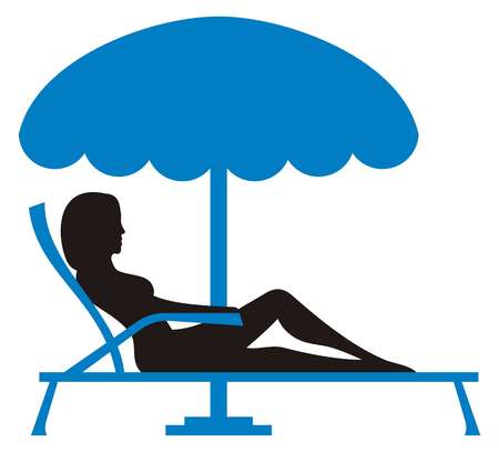 Silhouette of a young woman relaxing on lounnge chair with parasolのイラスト素材