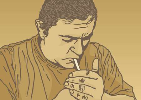 Sketch of man lighting a cigarette on beige backgroundのイラスト素材