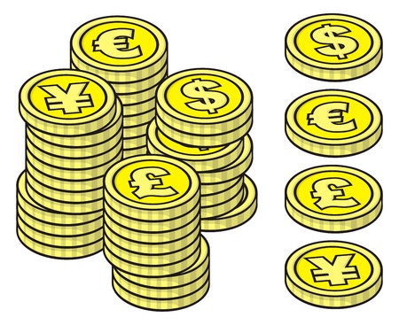 Four yellow stackable coins on white background with example stacks.のイラスト素材