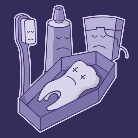 Dead tooth in coffin with toothbrush, toothpaste and dental floss, mauve cartoon illustration.のイラスト素材