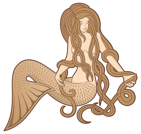 Illustration of a sitting mermaid with long hair on white background.のイラスト素材
