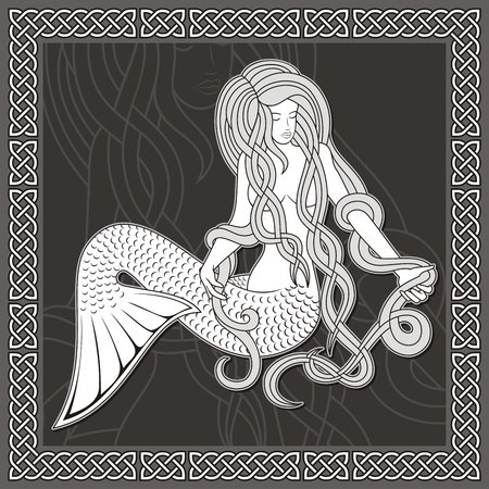 Illustration of a sitting mermaid with long hair on black background and celtic border.のイラスト素材