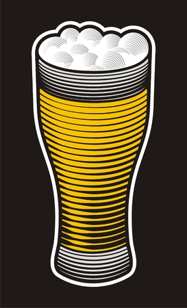 Beer pint illustration with woodcut shading on black background.のイラスト素材