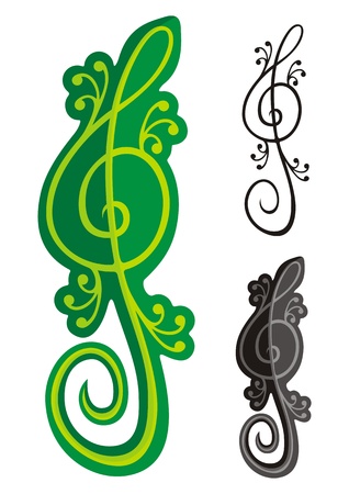 Treble clef shaped like a green lizard isolated on black background.のイラスト素材
