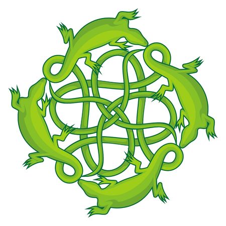 Four green lizards forming a celtic square knot with their tails.のイラスト素材