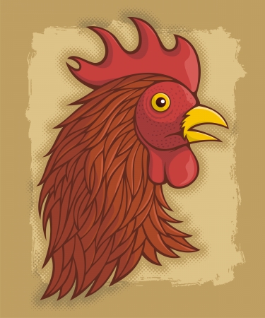 Red rooster's head illustration on beige grunge background.のイラスト素材