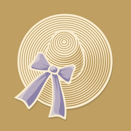 Woman's wide brimmed summer hat with lilac bow ribbon on beige background.のイラスト素材