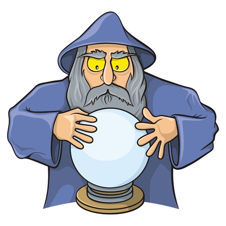 Old wizard cartoon looking at magic ball.のイラスト素材