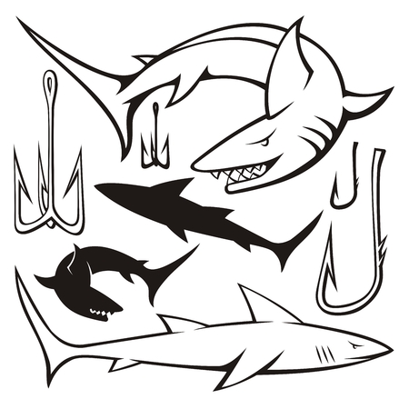 Shark and hook icons and silhouettes isolated on white.のイラスト素材