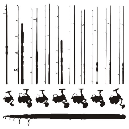Set of fishing rods and reels silhouettes isolated on white background.のイラスト素材