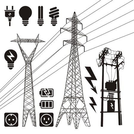 Three power line pylon silhouettes with additional electricity icons.のイラスト素材