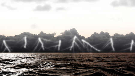 Lightning strikes on the sea surface in stormy sea in the Atlantic Ocean